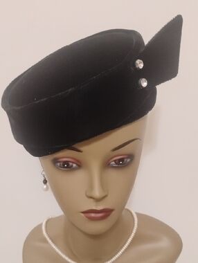 Black Velvet Pillbox Hat with Decorative Accent and Lg Rhinestones